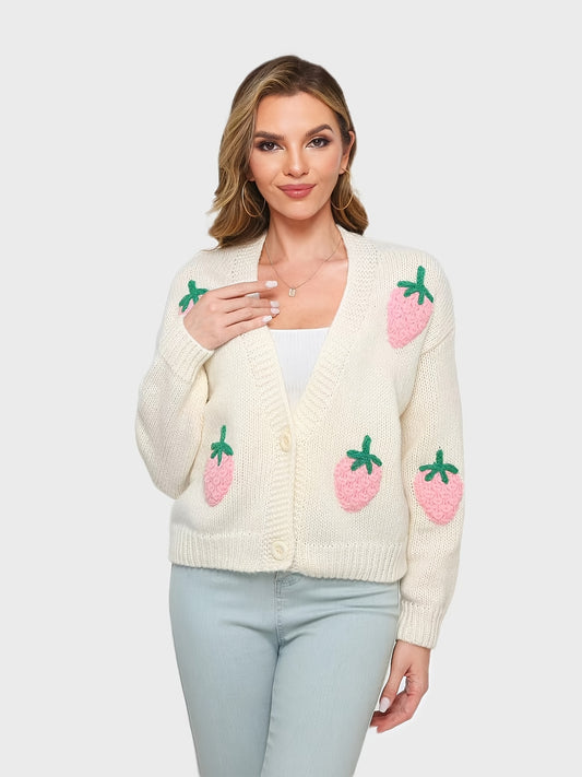 Sixsr Women's Sweater Women's Strawberry Pattern Button Through Cardigan