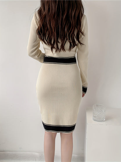 Sixsr Color Block Bodycon Dress, Elegant Long Sleeve Button Front Dress, Women's Clothing