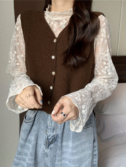 Sixsr Solid Button Down Knit Vest, Casual V Neck Sleeveless Sweater Vest, Women's Clothing