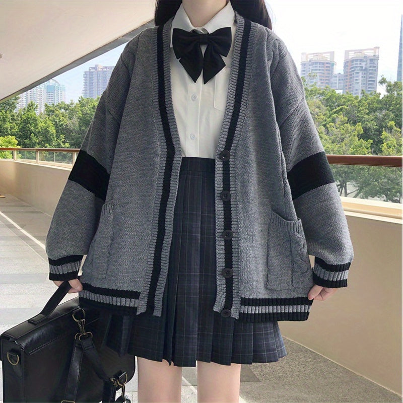 Sixsr Color Block Button Front Knit Cardigan, Elegant V Neck Long Sleeve Sweater For Fall & Winter, Women's Clothing