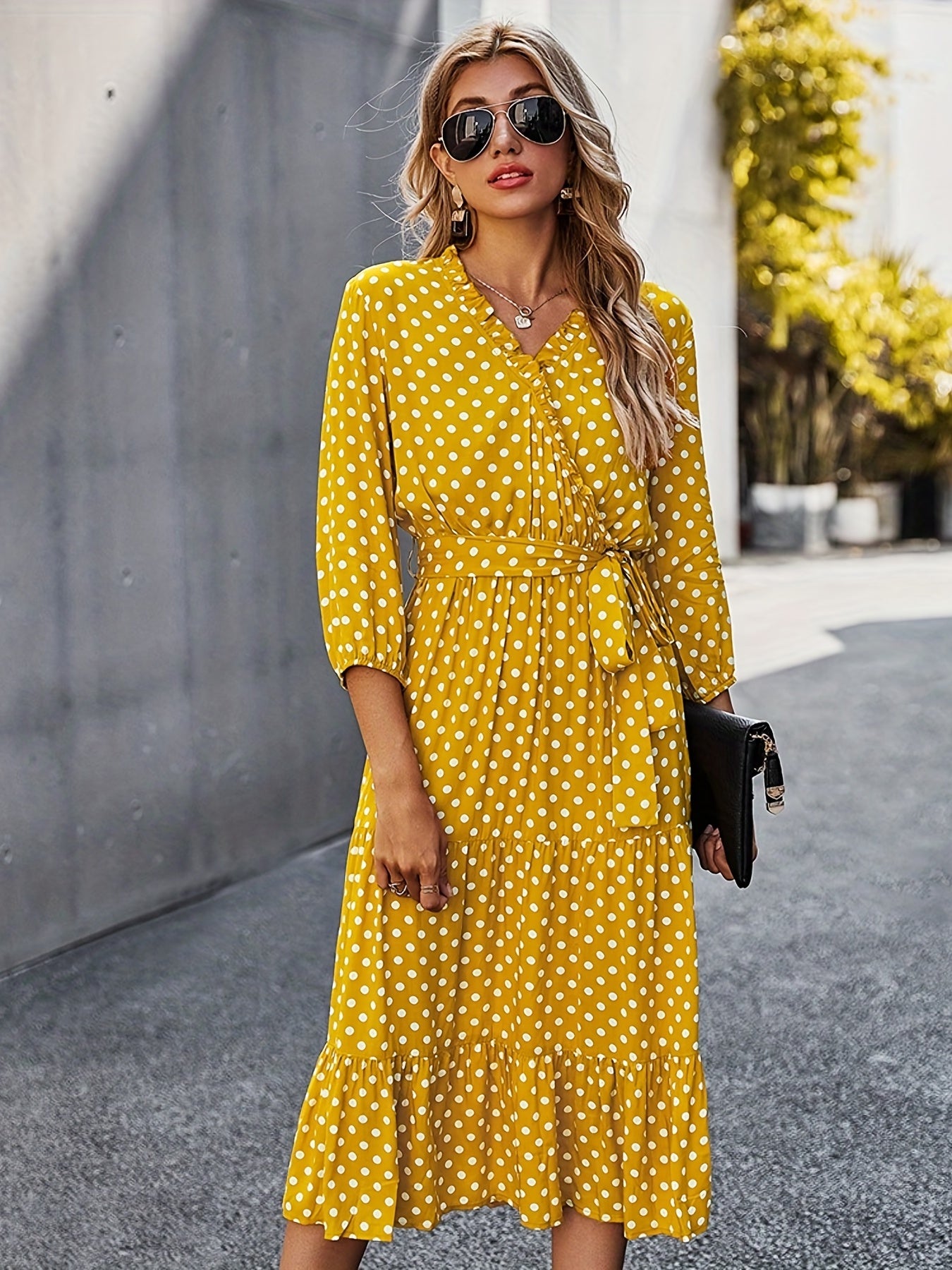 Sixsr Polka Dot Print 3/4 Sleeve Dress, Elegant Wrap Neck Midi Dress, Women's Clothing