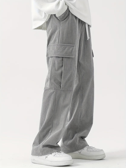 Sixsr Corduroy Multi Flap Pockets Men's Straight Leg Cargo Pants, Loose Baggy Pant Casual Outdoor Pants, Men's Work Pants For Hiking Fishing Angling