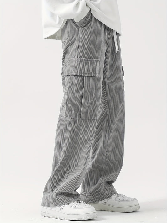 Sixsr Corduroy Multi Flap Pockets Men's Straight Leg Cargo Pants, Loose Baggy Pant Casual Outdoor Pants, Men's Work Pants For Hiking Fishing Angling