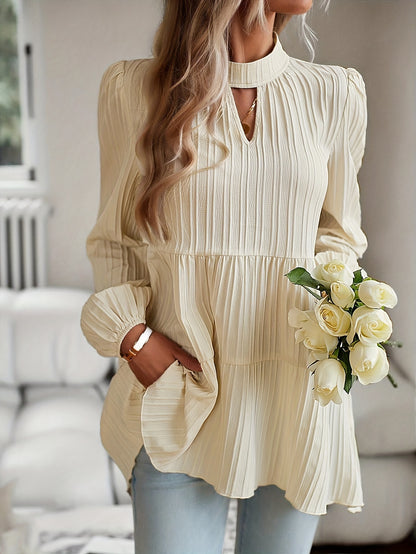 Sixsr Textured Keyhole Blouse, Elegant Mock Neck Long Sleeve Blouse, Women's Clothing