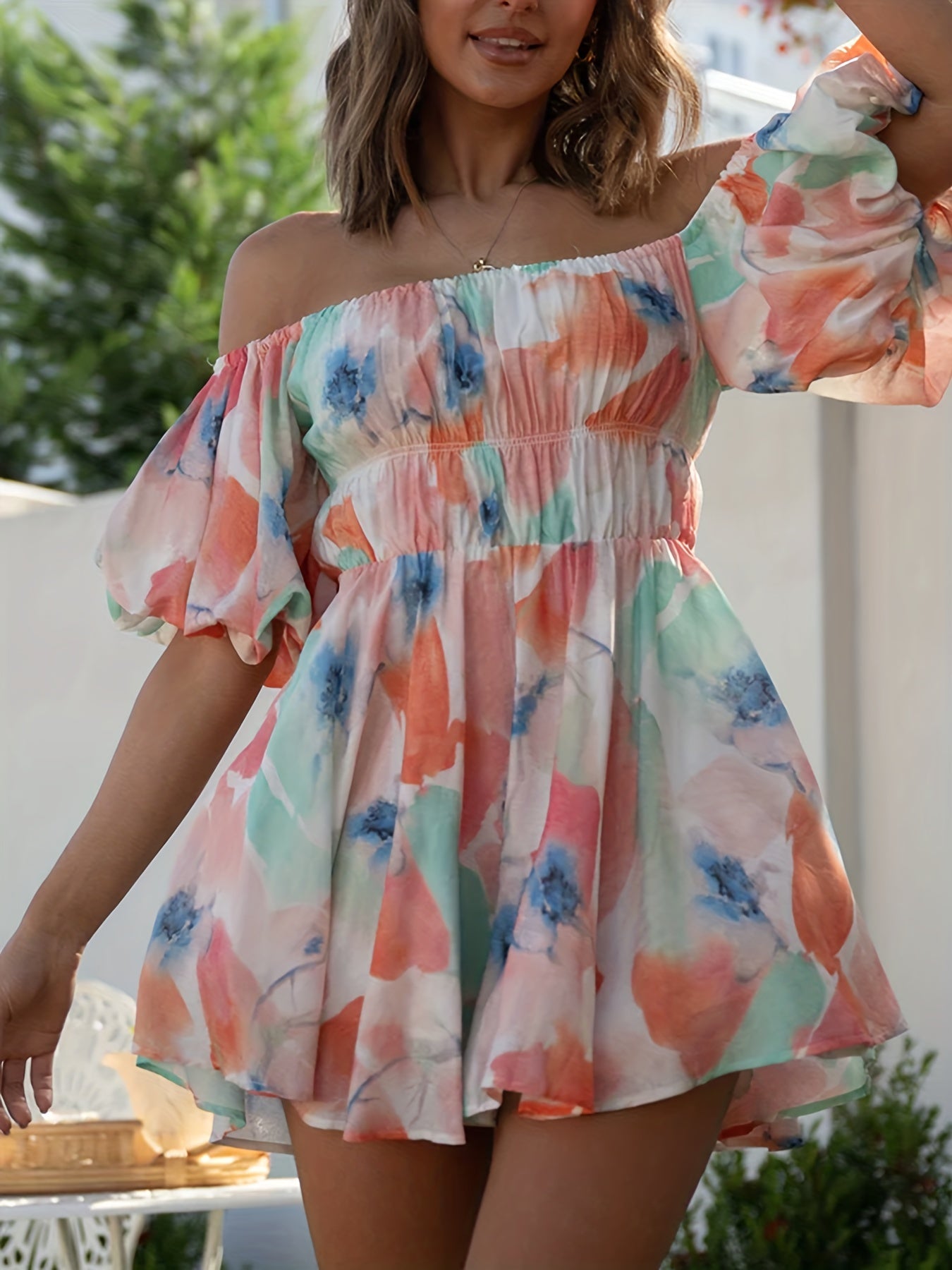 Sixsr Off Shoulder Floral Print Dress, Romantic Backless Short Sleeve Dress, Women's Clothing