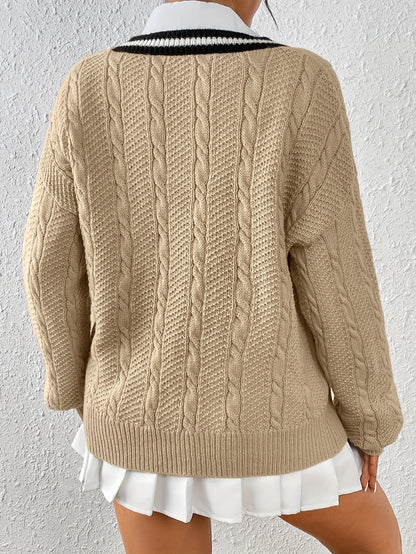 Sixsr Cable Knit V Neck Pullover Sweater, Casual Long Sleeve Loose Sweater, Women's Clothing