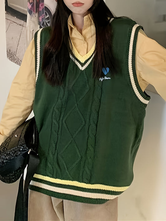 Sixsr Contrast Trim V Neck Cable Knit Vest, Casual Sleeveless Loose Sweater, Women's Clothing