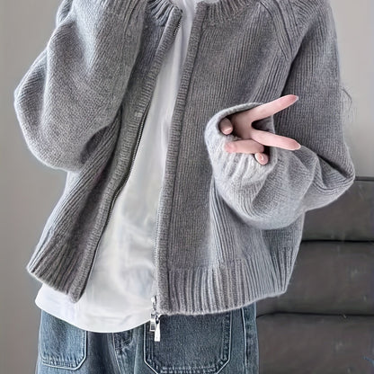 Sixsr Knitted Zipper Sweater Cardigan, Casual Crew Neck Cardigan For Fall & Winter, Women's Clothing