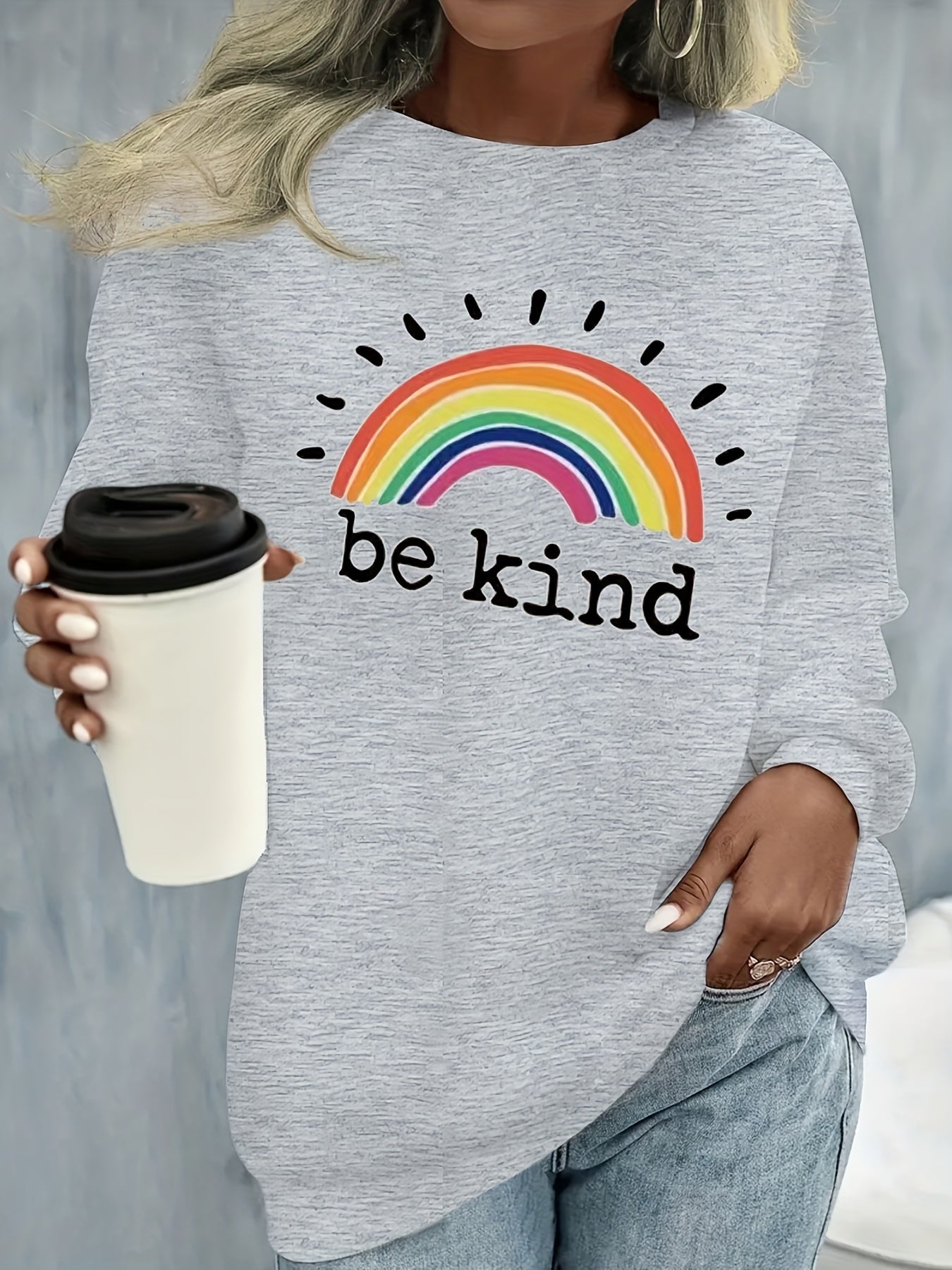 Sixsr Plus Size Casual Sweatshirt, Women's Plus Rainbow & Slogan Print Long Sleeve Round Neck Slight Stretch Sweatshirt