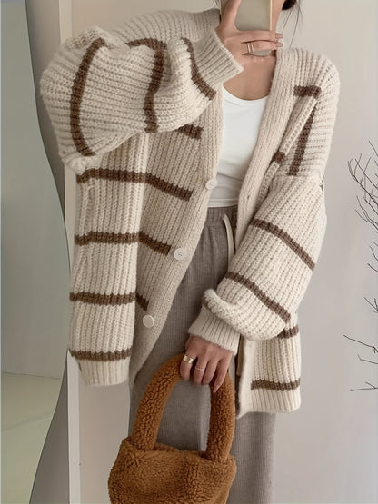 Sixsr Striped Button Down Knit Cardigan, Casual Long Sleeve Oversized Sweater, Women's Clothing