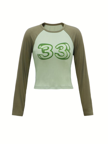 Sixsr Number Print Crew Neck T-Shirt, Casual Long Sleeve Top For Spring & Fall, Women's Clothing