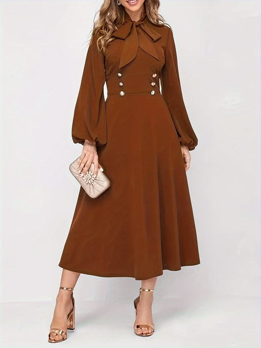 Sixsr Solid Tie Neck Midi Dress, Elegant Lantern Long Sleeve Dress, Women's Clothing
