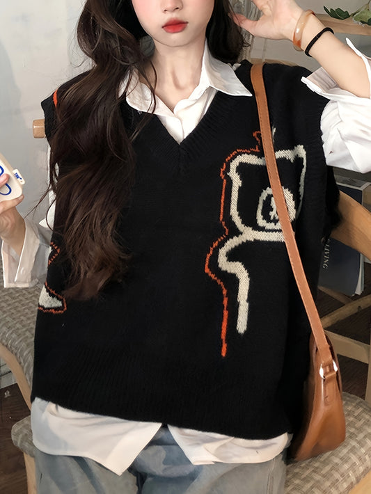 Sixsr Graphic Printed Knitted Sweater Vest, Casual V-neck Sweater Vest For Fall & Winter, Women's Clothing