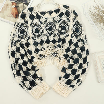 Sixsr Floral Hollow Out Tassel Shawl Elegant Long-sleeved Pullover Shawl Casual Daily Travel Versatile Coat
