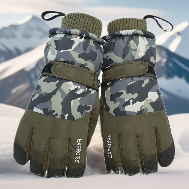 1 Pair Camouflage Ski Gloves for Men, Touchscreen Compatible, Windproof Waterproof Full-Finger Cycling Running Sports Winter Gloves with Fleece Lining, Hand Washable - Polyester Fiber