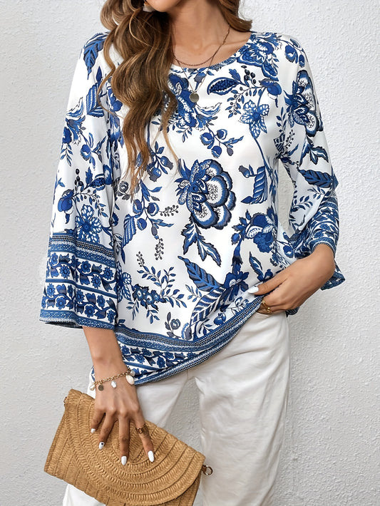 Sixsr Blue And White Porcelain Print Blouse, Casual Crew Neck Loose Sleeve Blouse, Women's Clothing