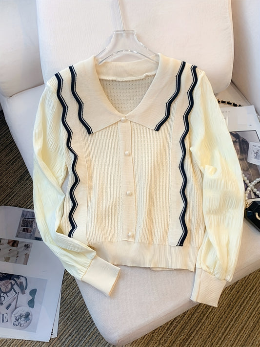 Sixsr Contrast Trim Lapel Sweater, Elegant Fake Button Scallop Trim Long Sleeve Sweater For Fall & Winter, Women's Clothing