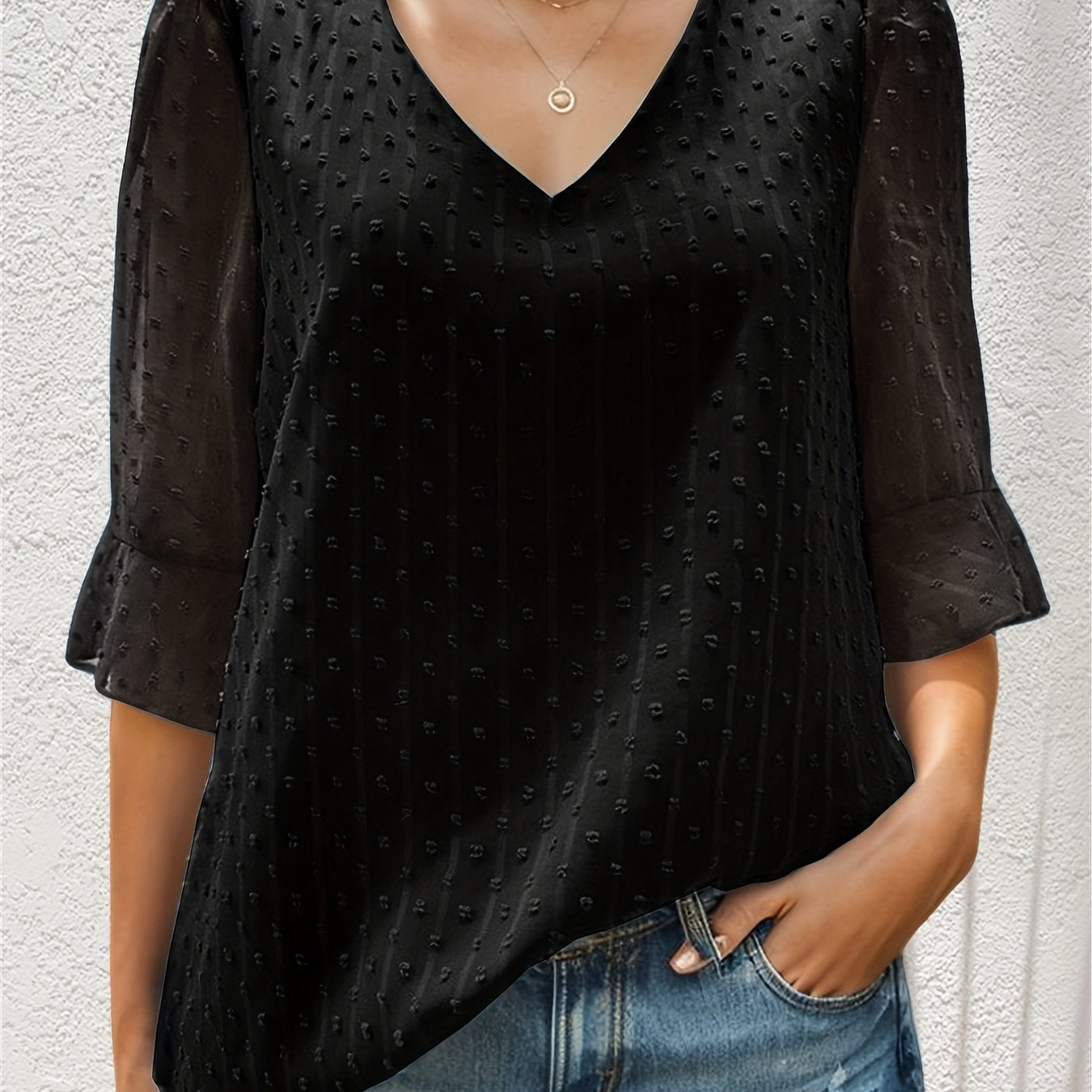 Sixsr V-neck Loose Chiffon Shirt, Casual 3/4 Long Sleeve Fashion Blouses Tops, Women's Clothing