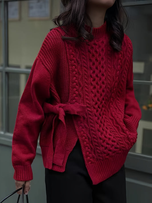 Sixsr Solid Lace Up Cable Knit Sweater, Casual Mock Neck Long Sleeve Loose Pullover Sweater, Women's Clothing