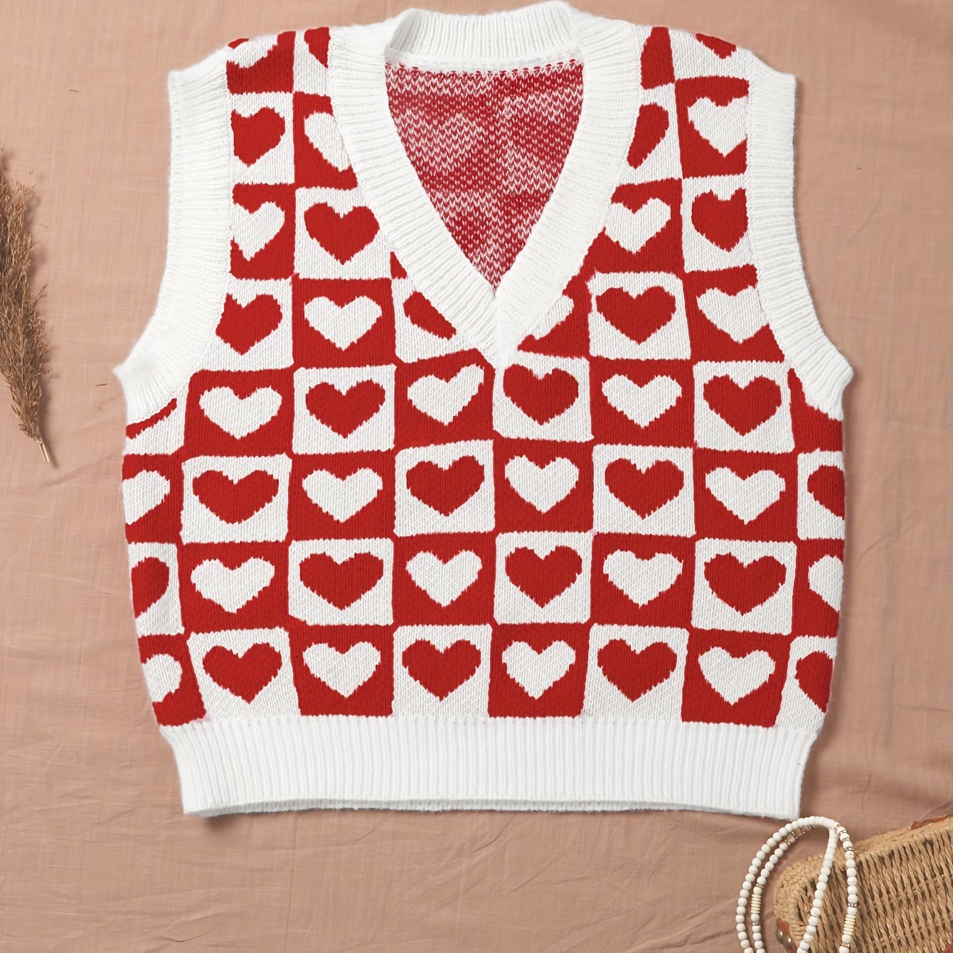 Sixsr Heart Pattern V Neck Knitted Vest, Y2K Sleeveless Vest For Spring & Fall, Women's Clothing