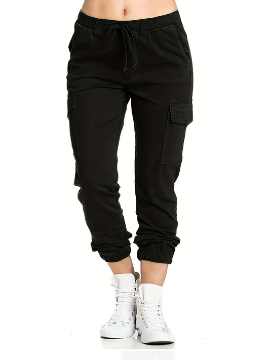 Sixsr Plus Size Casual Pants, Women's Plus Solid Elastic Drawstring Flap Pockets Tapered Leg Cargo Pants