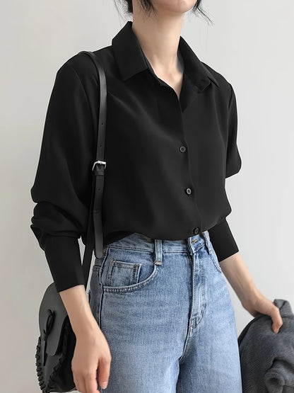 Sixsr Solid Button Front Simple Shirt, Versatile Long Sleeve Shirt For Spring & Fall, Women's Clothing