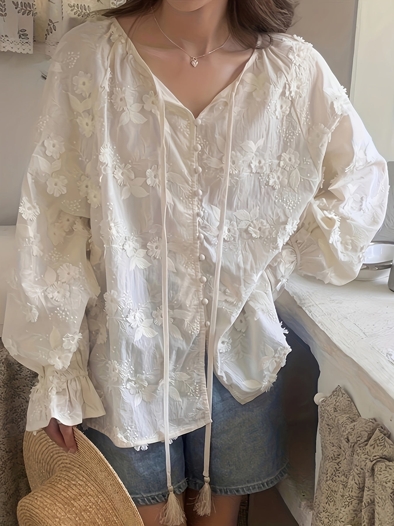 Sixsr Floral Embroidered Blouse, Elegant Drawstring Long Sleeve Blouse, Women's Clothing