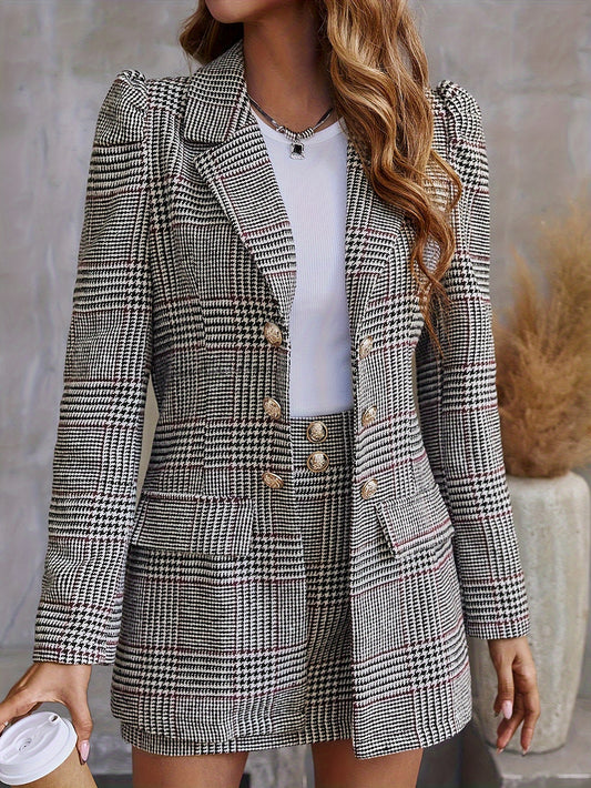Sixsr Elegant Two-piece Set, Double Breasted Blazer & Mini Skirt Outfits, Women's Clothing