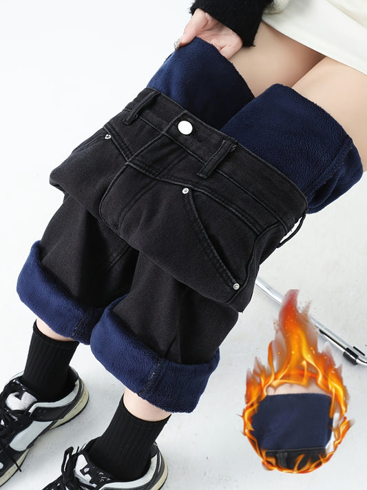 Sixsr Fleece Liner Thick Straight Jeans, Loose Fit High Waist Keep Warm Denim Pants, Women's Denim Jeans & Clothing