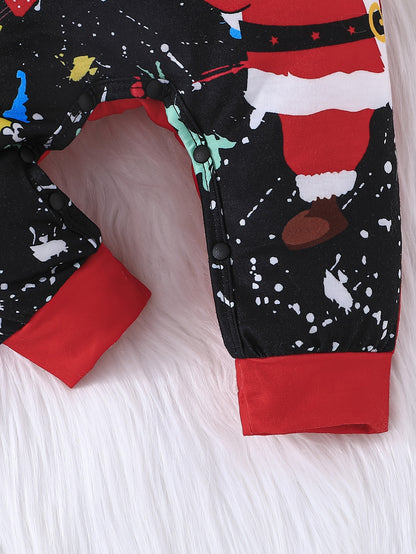 Baby's Cartoon Christmas Dinosaur Santa Pattern Faux Two-piece Long Sleeve Romper, Toddler & Infant Boy's Bodysuit, Suitable For Daily & Outdoor Wear