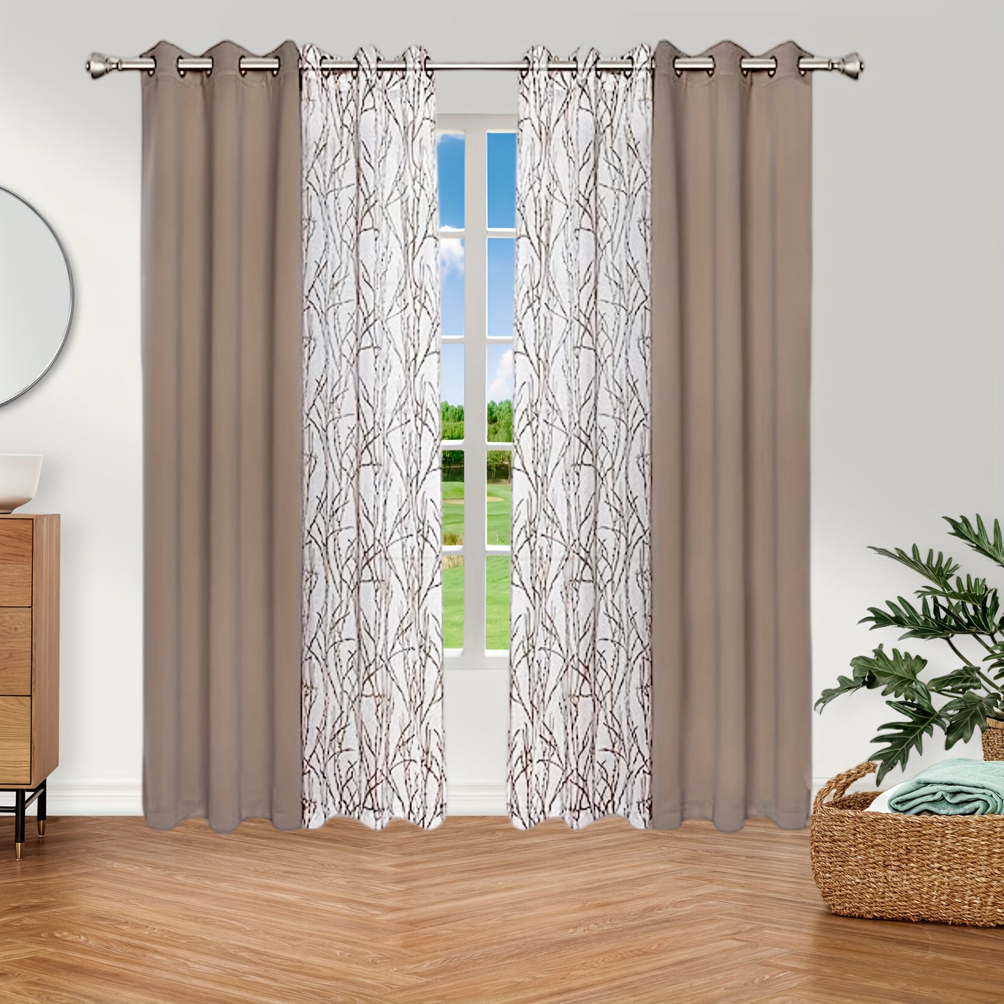 1 Panel Branch Printed Sheer Curtain + 1 Panel Blackout Curtain - Panels for Bedroom, Office, Living Room Home Decor with Grommet Top Window Drapes