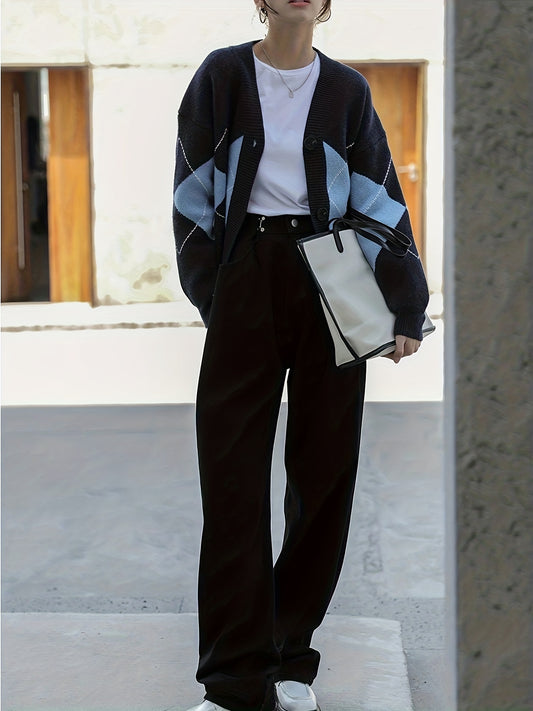 Sixsr Argyle Pattern Button Front Cardigan, Casual Long Sleeve Cardigan For Spring & Fall, Women's Clothing