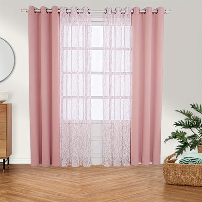 1 Panel Branch Printed Sheer Curtain + 1 Panel Blackout Curtain - Panels for Bedroom, Office, Living Room Home Decor with Grommet Top Window Drapes