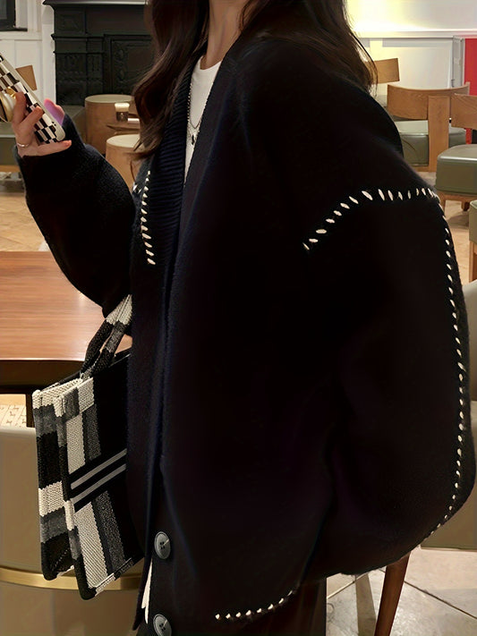 Sixsr Button Up Knitted Cardigan, Casual Long Sleeve Drop Shoulder Outwear, Women's Clothing