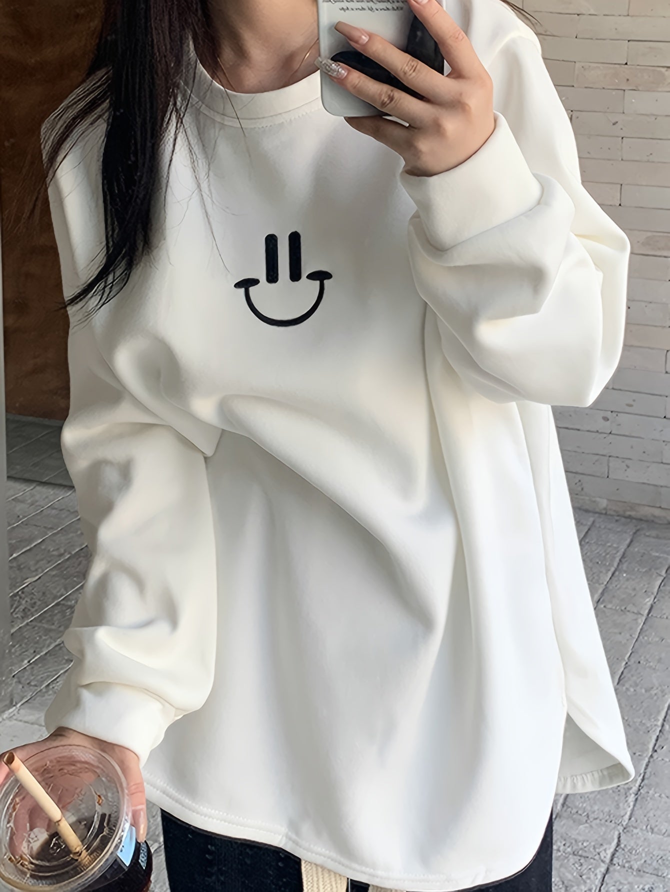 Sixsr Smile Face & Letter Print Pullover Sweatshirt, Casual Long Sleeve Crew Neck Sweatshirt For Fall & Winter, Women's Clothing