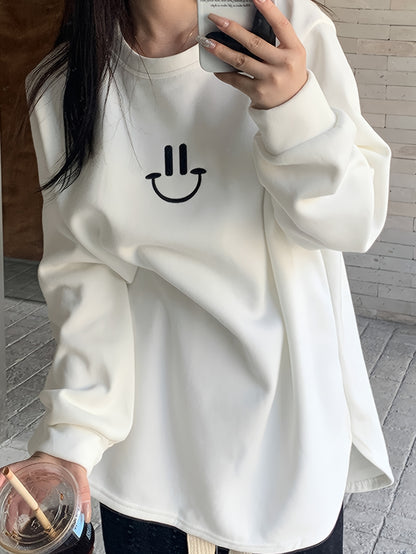 Sixsr Smile Face & Letter Print Pullover Sweatshirt, Casual Long Sleeve Crew Neck Sweatshirt For Fall & Winter, Women's Clothing