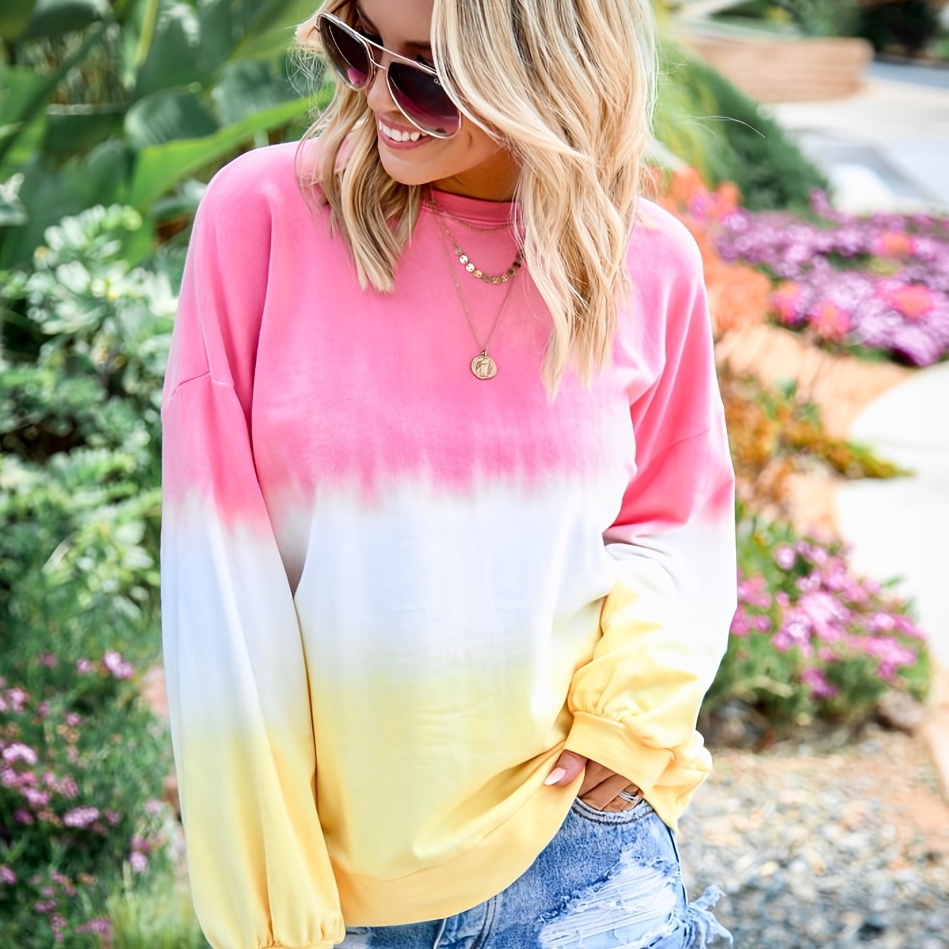 Gradient Tie Dye T-Shirt, Long Sleeve Crew Neck Casual Top For Spring & Fall, Women's Clothing