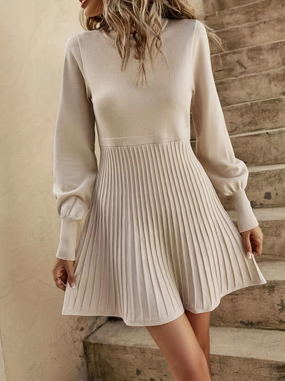 Sixsr Solid Pleated Dress, Elegant Crew Neck Long Sleeve Dress For Spring & Fall, Women's Clothing
