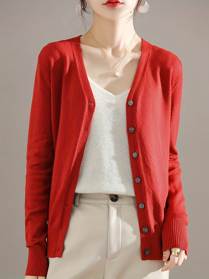 Sixsr Elegant V-neck Solid Cardigan, Long Sleeve Cardigan For Spring & Fall, Women's Clothing