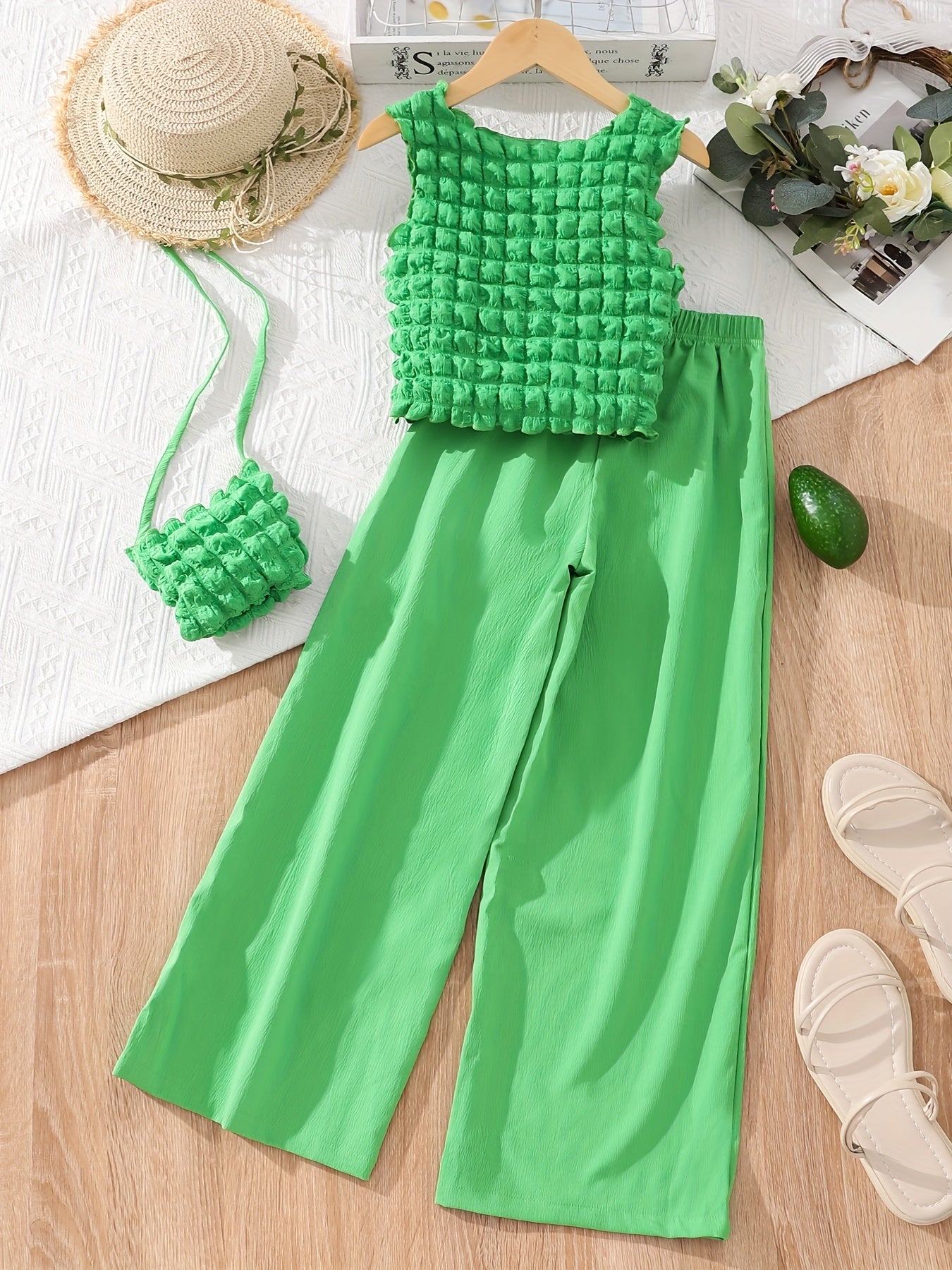 Girls 3pcs Round Neck Sleeveless Puff Textured Top & Long Pants & Crossbody Bag Solid Color Elegant Casual Kids Clothes For Spring And Summer