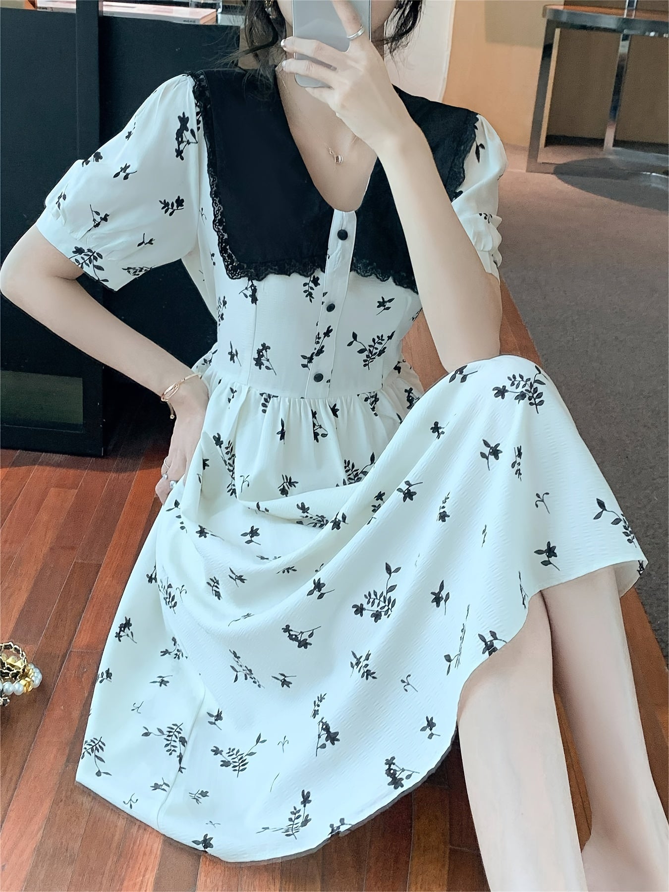 Sixsr Floral Print Doll Collar Dress, Elegant Short Sleeve Waist Slimming Skinny Dress For Summer, Women's Clothing