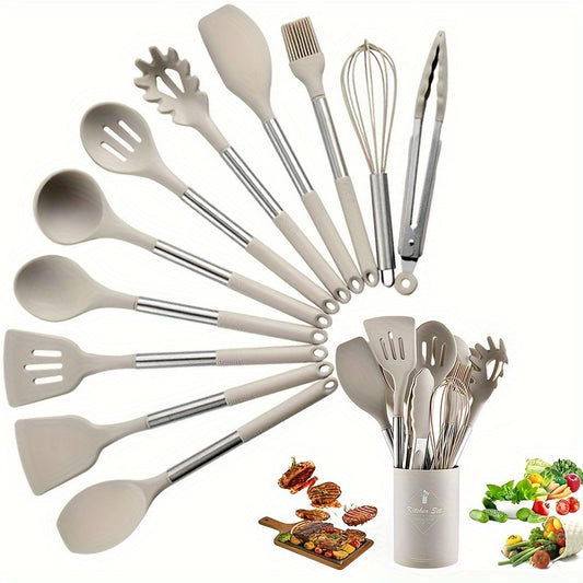 12pcs Silicone Kitchen Cooking Utensils Set With Stainless Steel Handle, Spatula Set Utensil Set, Cooking Utensil Set, Kitchen Tools Gadgets For Nonstick Cookware For Restaurant Eid Al-Adha Mubarak