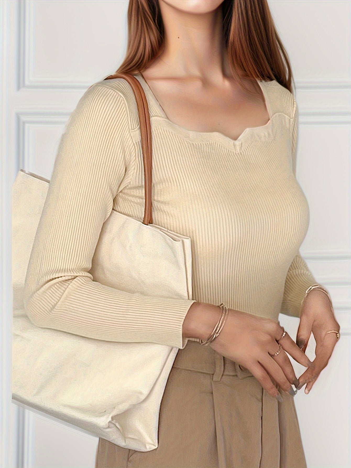 Sixsr Solid Notched V Neck T-shirt, Elegant Long Sleeve Top For Spring & Fall, Women's Clothing