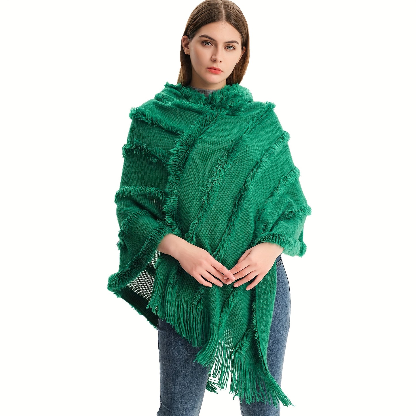 Sixsr Loose Knit Hooded Pullover Poncho Large Solid Color Batwing Tassel Shawl Autumn Winter Travel Outside Windproof Cape
