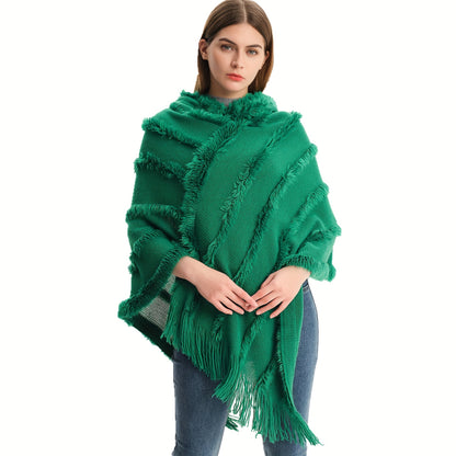 Sixsr Loose Knit Hooded Pullover Poncho Large Solid Color Batwing Tassel Shawl Autumn Winter Travel Outside Windproof Cape