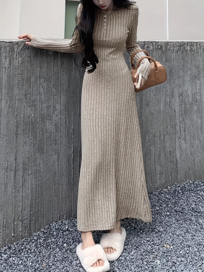 Sixsr Button Front Lapel Neck Ribbed Dress, Chic Solid Color Long Sleeve Dress For Fall & Winter, Women's Clothing