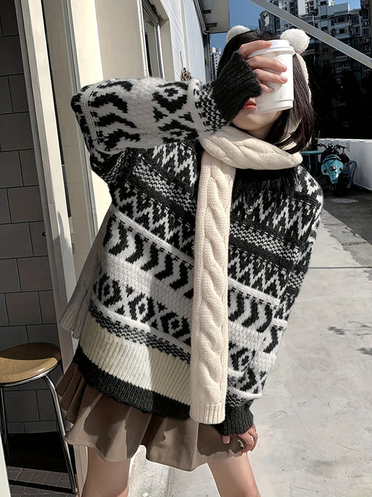 Sixsr Geo Pattern Crew Neck Pullover Sweater, Casual Long Sleeve Loose Thick Sweater, Women's Clothing