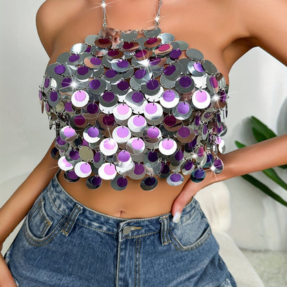 Sixsr  Contrast Sequin Halter Top, Club Wear Nightout Chain Strap Backless Crop Top, Women's Clothing