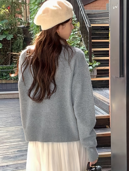Sixsr Badge Pattern Button Up Knit Cardigan, Casual Turndown Collar Long Sleeve Sweater, Women's Clothing