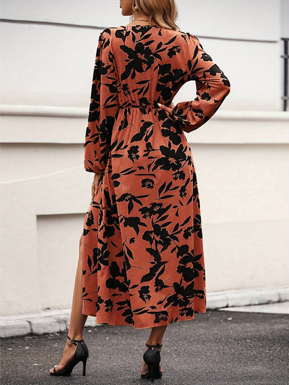 Floral Print Split Dress, Elegant V Neck Long Sleeve Dress, Women's Clothing